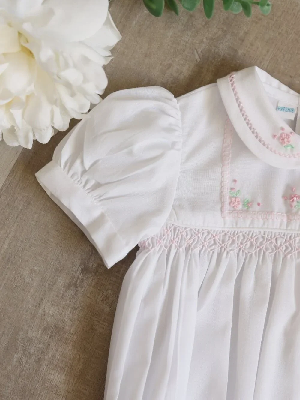 White Smocked Heirloom Bubble Romper Preemie Reborn Doll Feltman Brothers